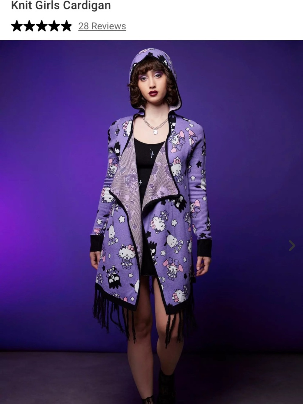 Purple Hooded Knit Cardigan with Fringe hello Kitty and friends hot topic NWT XL